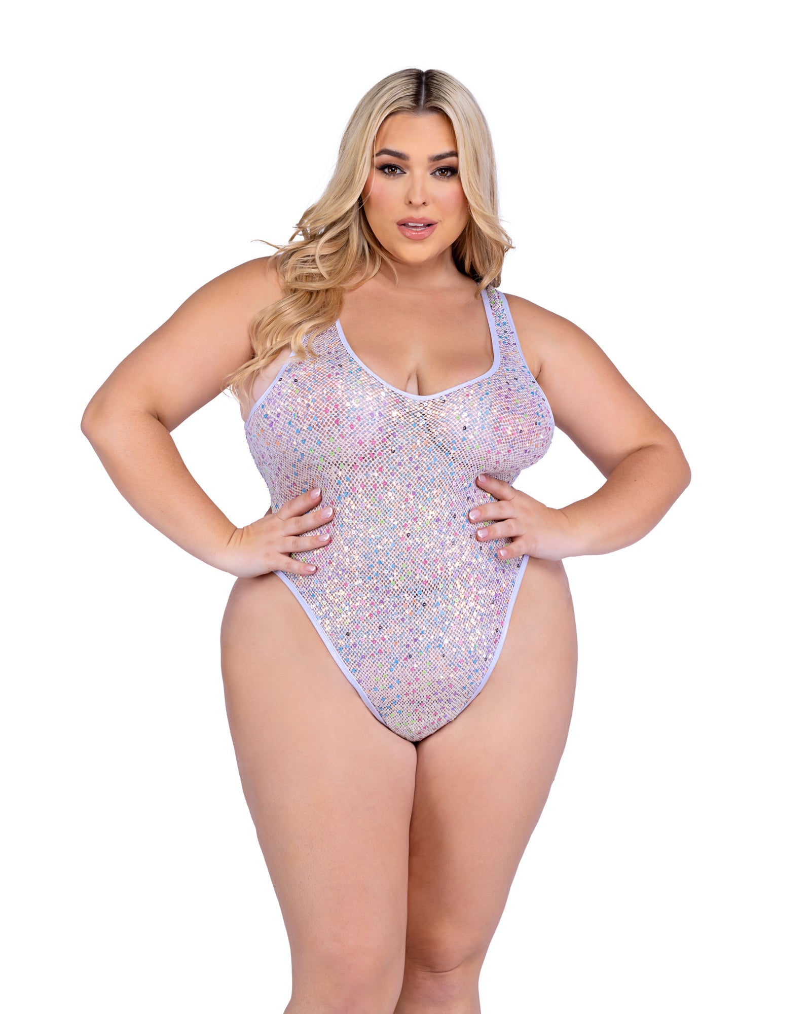 Plus size white sequin fishnet romper rave outfit, view 6